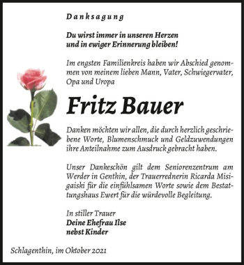 Traueranzeige von Fritz Bauer  von Magdeburger Volksstimme