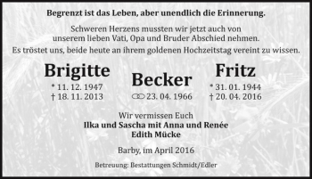 Traueranzeige von Fritz Becker  von Magdeburger Volksstimme