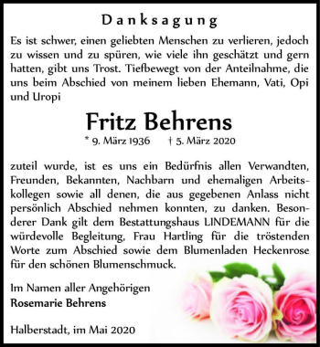 Traueranzeige von Fritz Behrens  von Magdeburger Volksstimme