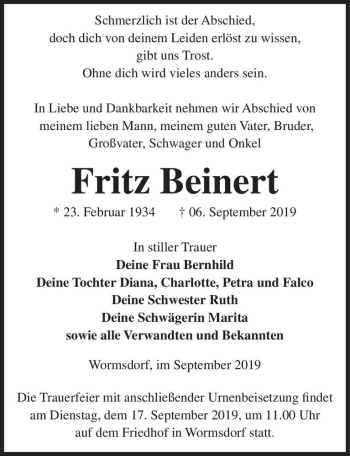 Traueranzeige von Fritz Beinert  von Magdeburger Volksstimme