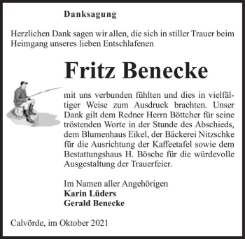Traueranzeige von Fritz Benecke  von Magdeburger Volksstimme