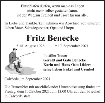 Traueranzeige von Fritz Benecke  von Magdeburger Volksstimme