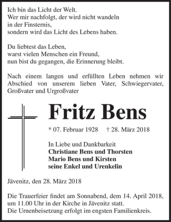 Traueranzeige von Fritz Bens  von Magdeburger Volksstimme