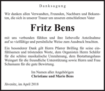 Traueranzeige von Fritz Bens  von Magdeburger Volksstimme