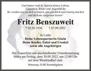 Traueranzeige von Fritz Benszuweit  von Magdeburger Volksstimme