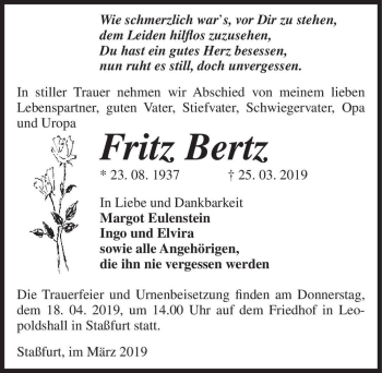 Traueranzeige von Fritz Bertz  von Magdeburger Volksstimme