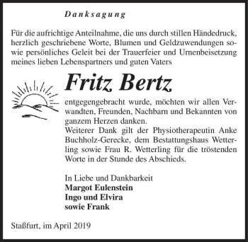 Traueranzeige von Fritz Bertz  von Magdeburger Volksstimme