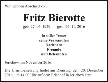 Traueranzeige von Fritz Bierotte  von Magdeburger Volksstimme