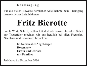 Traueranzeige von Fritz Bierotte  von Magdeburger Volksstimme