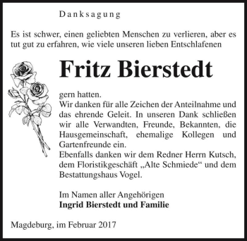 Traueranzeige von Fritz Bierstedt  von Magdeburger Volksstimme