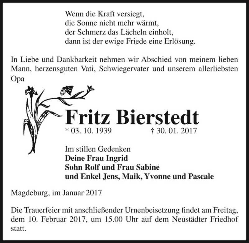  Traueranzeige für Fritz Bierstedt  vom 04.02.2017 aus Magdeburger Volksstimme