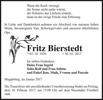 Traueranzeige von Fritz Bierstedt  von Magdeburger Volksstimme