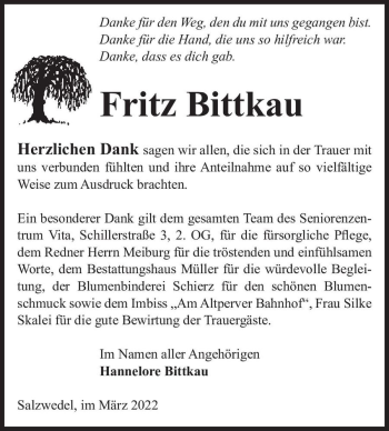 Traueranzeige von Fritz Bittkau  von Magdeburger Volksstimme