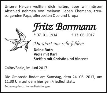 Traueranzeige von Fritz Borrmann  von Magdeburger Volksstimme
