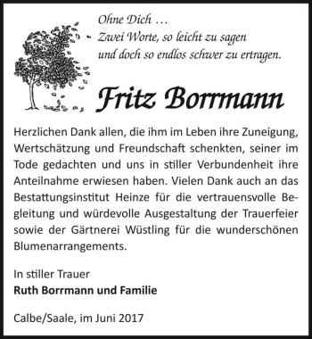 Traueranzeige von Fritz Borrmann  von Magdeburger Volksstimme