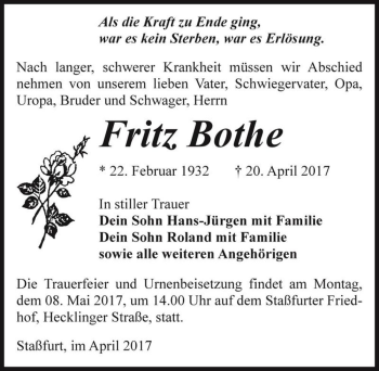 Traueranzeige von Fritz Bothe  von Magdeburger Volksstimme