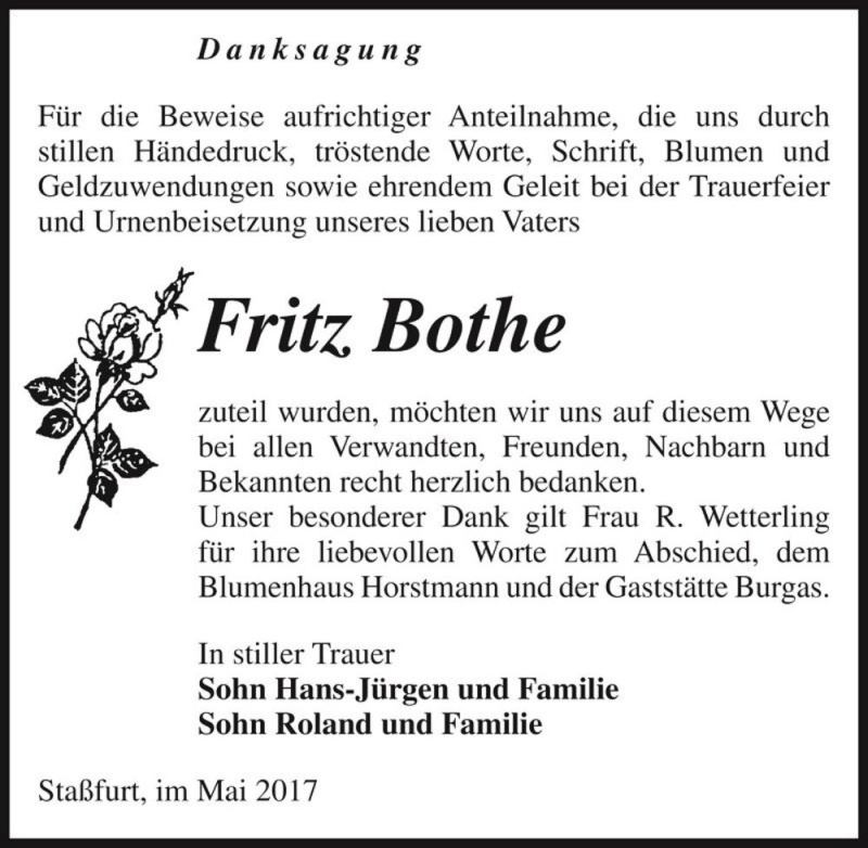  Traueranzeige für Fritz Bothe  vom 13.05.2017 aus Magdeburger Volksstimme