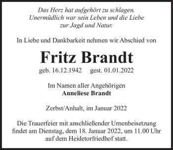 Traueranzeige von Fritz Brandt  von Magdeburger Volksstimme