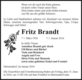 Traueranzeige von Fritz Brandt  von Magdeburger Volksstimme