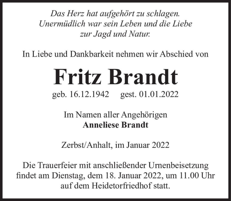  Traueranzeige für Fritz Brandt  vom 08.01.2022 aus Magdeburger Volksstimme