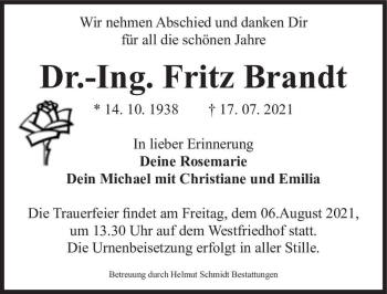 Traueranzeige von Fritz Brandt  von Magdeburger Volksstimme