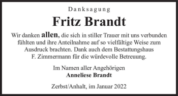 Traueranzeige von Fritz Brandt  von Magdeburger Volksstimme