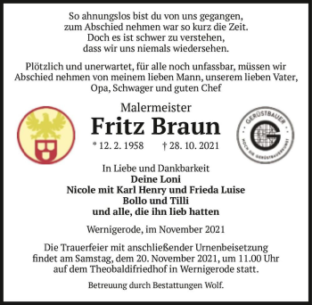 Traueranzeige von Fritz Braun  von Magdeburger Volksstimme
