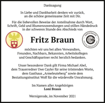 Traueranzeige von Fritz Braun  von Magdeburger Volksstimme