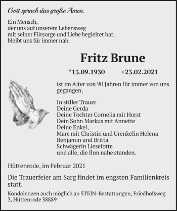 Traueranzeige von Fritz Brune  von Magdeburger Volksstimme