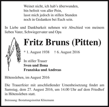Traueranzeige von Fritz Bruns (Pitten)  von Magdeburger Volksstimme