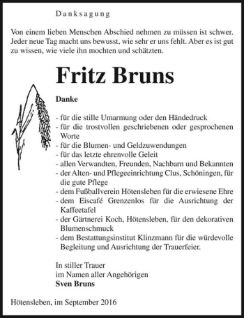 Traueranzeige von Fritz Bruns  von Magdeburger Volksstimme