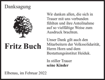 Traueranzeige von Fritz Buch  von Magdeburger Volksstimme
