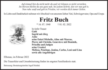 Traueranzeige von Fritz Buch  von Magdeburger Volksstimme