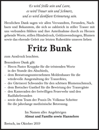 Traueranzeige von Fritz Bunk  von Magdeburger Volksstimme