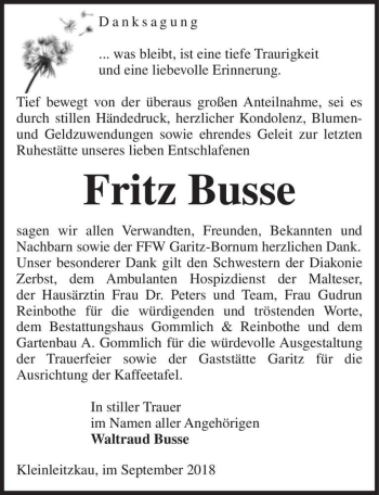 Traueranzeige von Fritz Busse  von Magdeburger Volksstimme