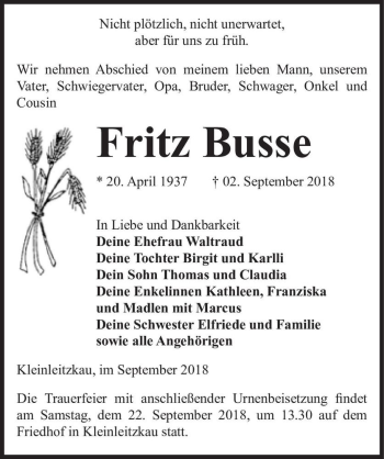 Traueranzeige von Fritz Busse  von Magdeburger Volksstimme