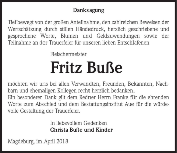 Traueranzeige von Fritz Buße  von Magdeburger Volksstimme