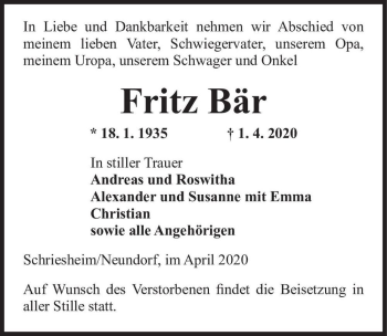 Traueranzeige von Fritz Bär  von Magdeburger Volksstimme