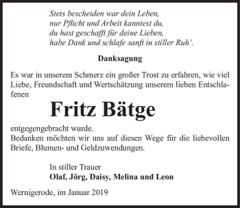 Traueranzeige von Fritz Bätge  von Magdeburger Volksstimme