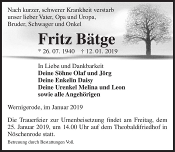 Traueranzeige von Fritz Bätge  von Magdeburger Volksstimme