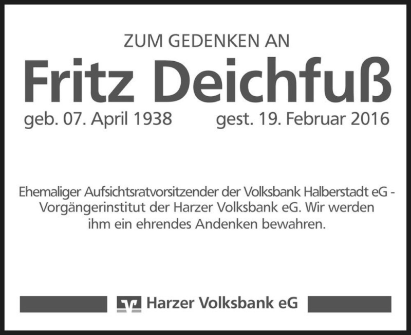  Traueranzeige für Fritz Deichfuß  vom 27.02.2016 aus Magdeburger Volksstimme