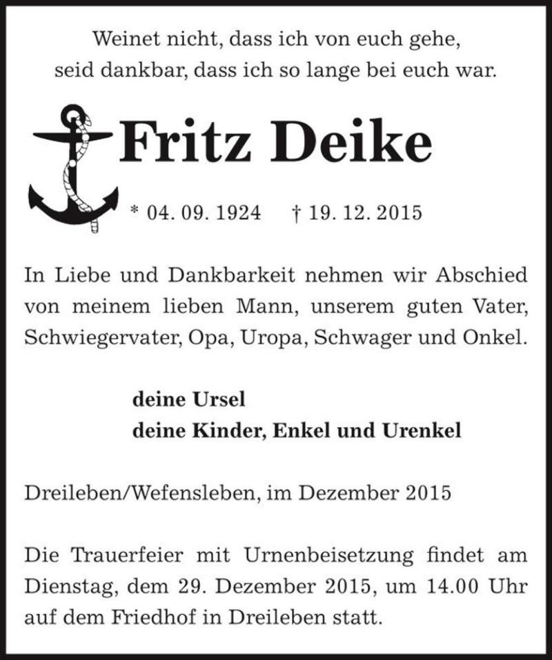  Traueranzeige für Fritz Deike  vom 23.12.2015 aus Magdeburger Volksstimme