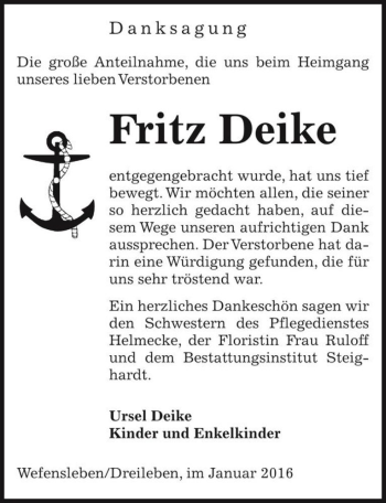 Traueranzeige von Fritz Deike  von Magdeburger Volksstimme