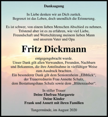 Traueranzeige von Fritz Dickmann  von Magdeburger Volksstimme