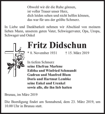 Traueranzeige von Fritz Didschun  von Magdeburger Volksstimme