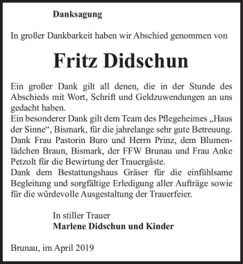 Traueranzeige von Fritz Didschun  von Magdeburger Volksstimme