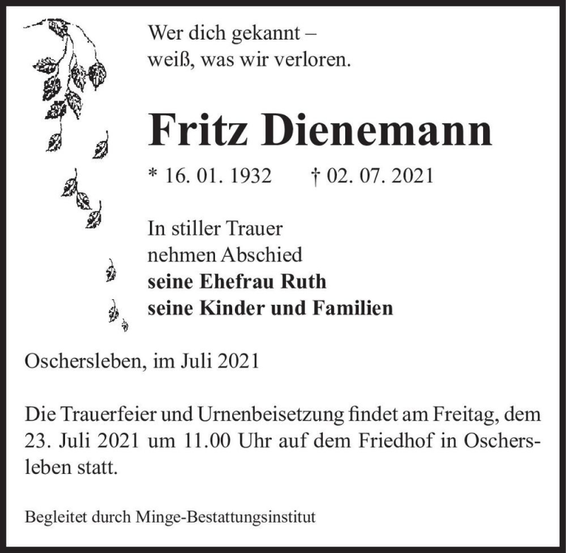  Traueranzeige für Fritz Dienemann  vom 10.07.2021 aus Magdeburger Volksstimme