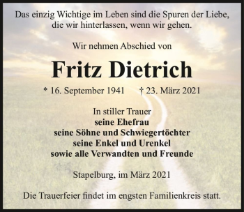 Traueranzeige von Fritz Dietrich  von Magdeburger Volksstimme