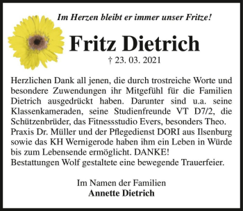 Traueranzeige von Fritz Dietrich  von Magdeburger Volksstimme
