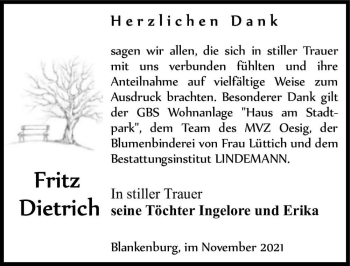 Traueranzeige von Fritz Dietrich  von Magdeburger Volksstimme